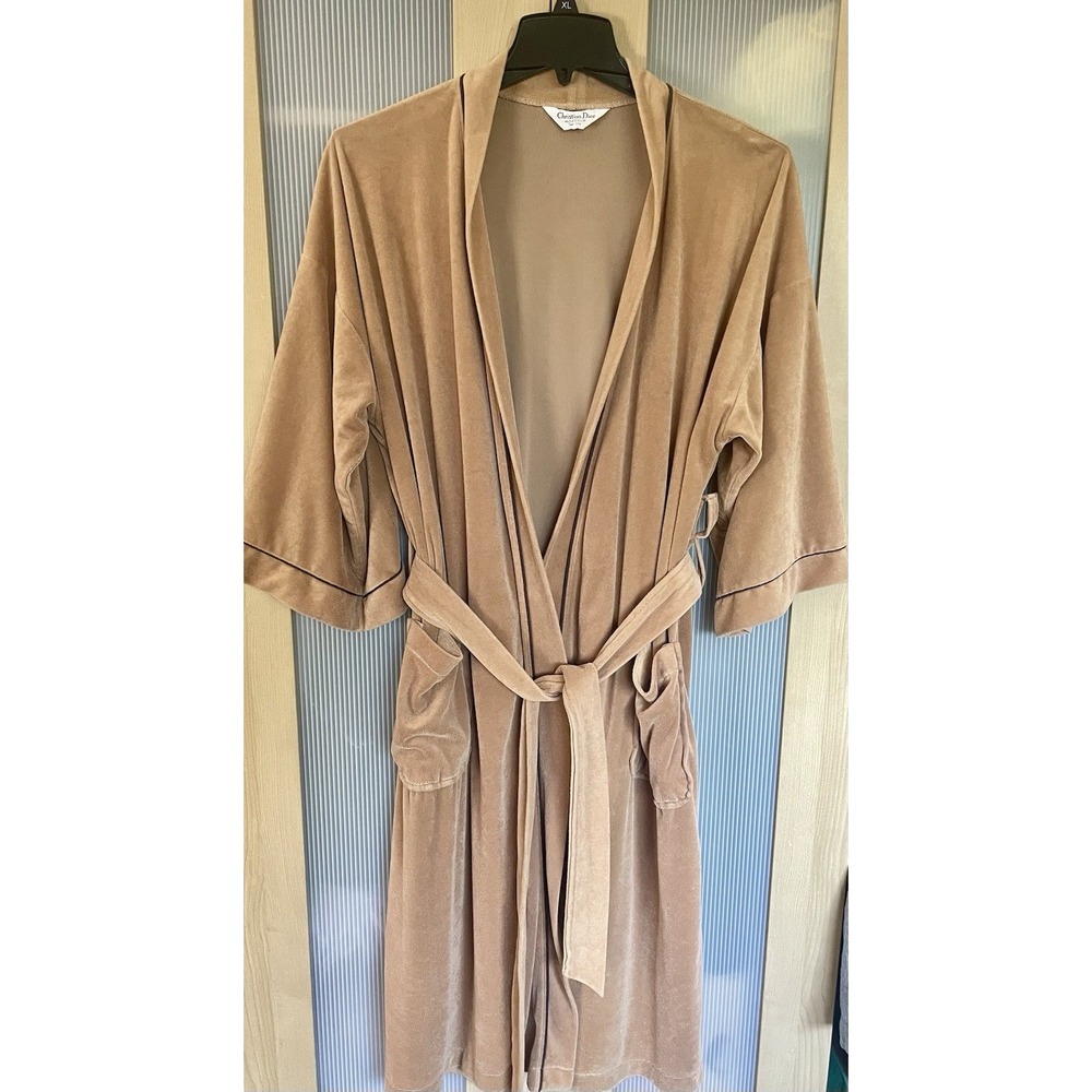 VTG Christian Dior Monsieur Tan Velour Robe Brown Trim Pockets One Size Lounge